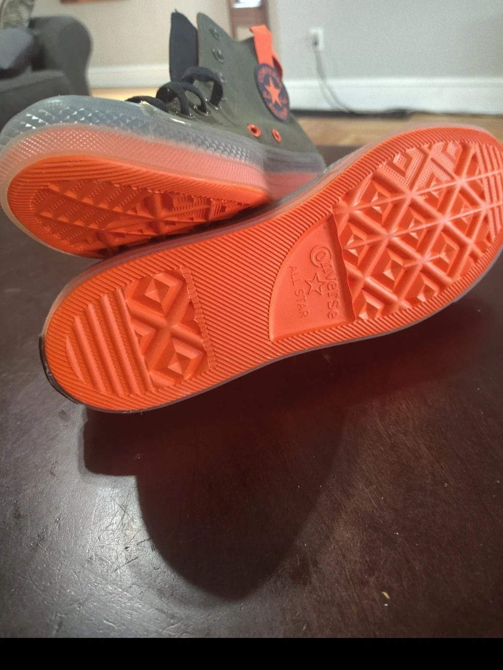 Converse Cx High-Top Sneakers in Olive Green with Bright Orange Lining - Picture 2 of 5